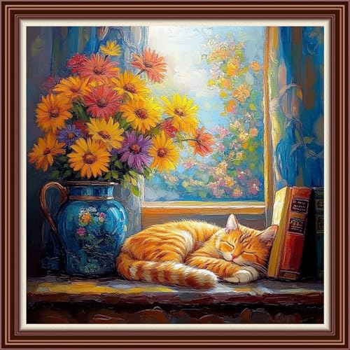 Dimensean Counted Cross Stitch Kit for Beginners, 11CT Unprinted Cross-Stitch Kit Easy Patterns Needlepoint Kit Cross Stitching Embroidery Kit Supplies-The cat on the windowsill 18x18 inch - color: DIYColor02