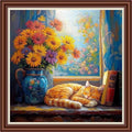 Dimensean Counted Cross Stitch Kit for Beginners, 11CT Unprinted Cross-Stitch Kit Easy Patterns Needlepoint Kit Cross Stitching Embroidery Kit Supplies-The cat on the windowsill 18x18 inch - color: DIYColor02