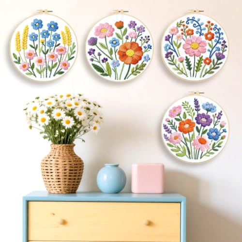 ORIGACH 4 Pack Easy Flower Embroidery Kit for Beginners - style: Easy Flower