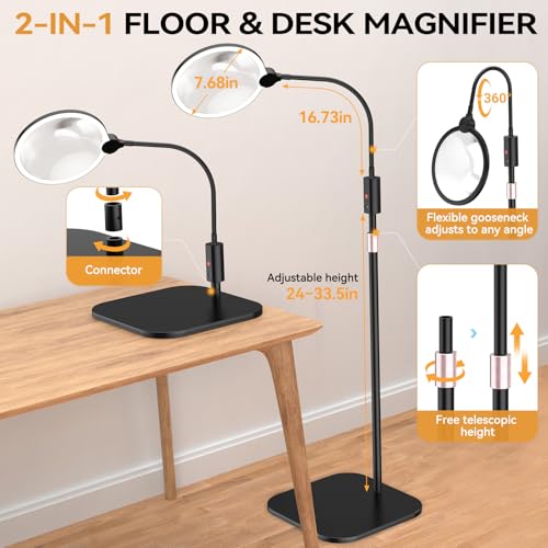 Magnifying Glass With Light And Stand, 10X Large 7'' Magnifying Glass For Reading, Close Work, Cross Stitch And Crafts, Rechargeable Floor Or Desk Magnifying Lamp With Adjustable Gooseneck For Seniors