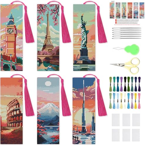 NEGEKFKX 6 Pcs Cityscape Cross Stitch Bookmark Kit for Adult Beginners - color: Cross stitch bookmark-7