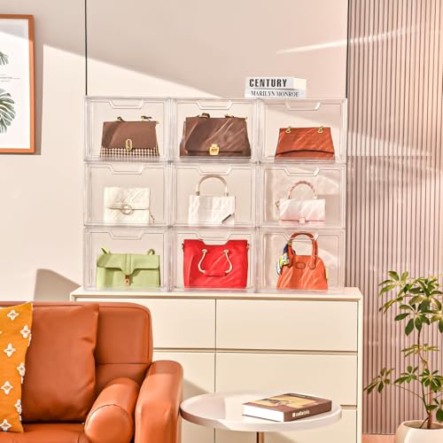 Freebat Stackable Storage Organizers, Clear Acrylic Display Case, 9-Pack Acrylic Boxes with Lids, Clear Storage Containers Storage for Handbags, Collectibles & Figures - size: 9pack