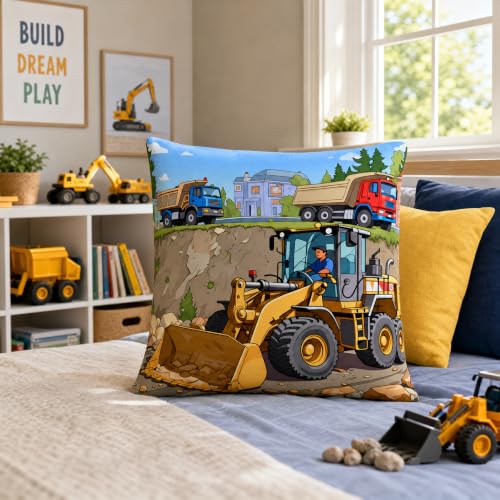 18x18 Cartoon Bulldozer Square Kids Construction Vehicle Pillow Cover - color: Pa10041, size: 18" x 18" (Pack of 1)