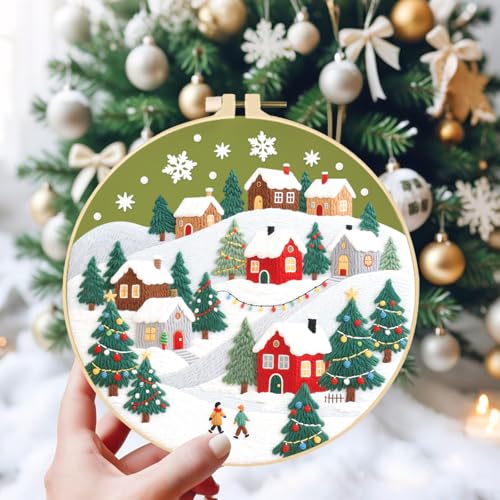 ORIGACH 4 Pcs Christmas Winter Town Embroidery Kit for Beginner - style: Christmas