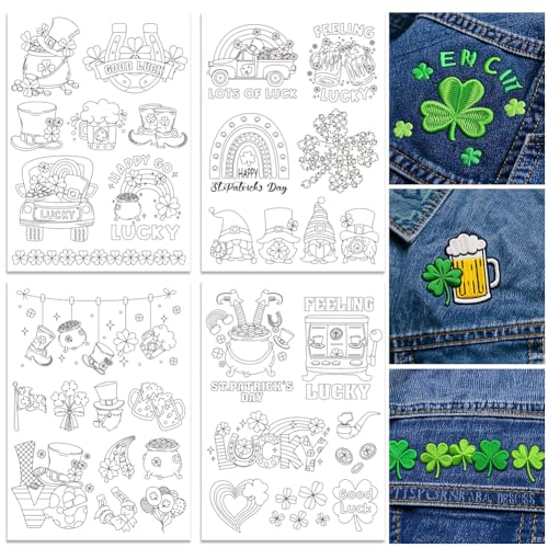 ORIGACH 4 Sheets Saint Patrick's Day Water Soluble Embroidery Patterns Stabilizers - Pre-Printed Lucky Shamrock Gnome Hat & Truck Designs - Stick & Stitch Embroidery Paper for Hand Sewing Lovers - color: Lucky Shamrock Gnome Hat & Truck