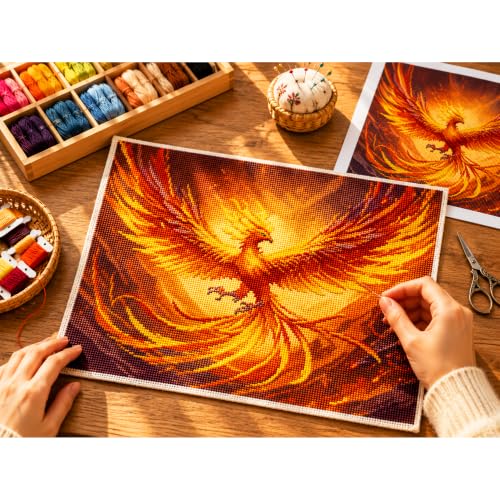Zhenqing Fire Phoenix Stamped Cross Stitch Kit for Beginners, 11CT Printed Full Coverage Mythical Bird Pattern, 28 x 38 cm DIY Fantasy Embroidery Needlework Set, No Hoop Needed - color: Phoenix Rising in Flame