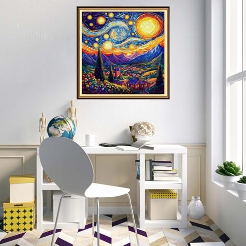 Redxing Counted Cross Stitch Kit for Beginners,Unprinted Needlepoint Kits for Beginners Cross Stitching Embroidery Kit 11CT Stitches kit-Van Gogh's Starry and Moonlit Scenery 18x18 inch - color: KitsColor05