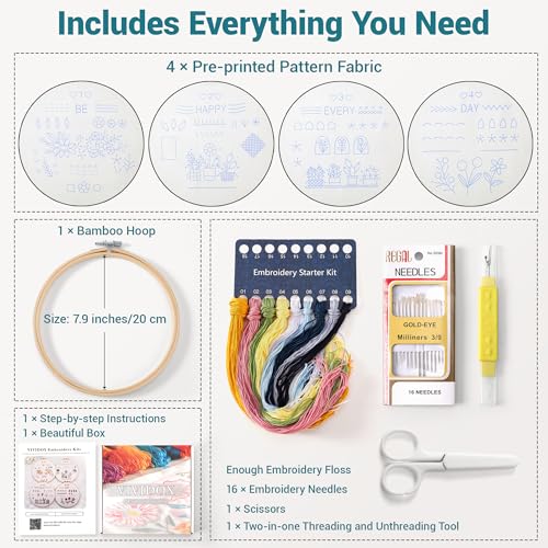 VIVIDOX 4 Sets Embroidery Kit for Beginners Adults, 25 Stitches Practice Kits Cross Stitch for Starter, DIY Hand Craft with Stamped Pattern, Bamboo Hoop, Threads, Scissors, Tools, Instruction - color: 25 Stitches Practice Kit (with 1 Hoop)