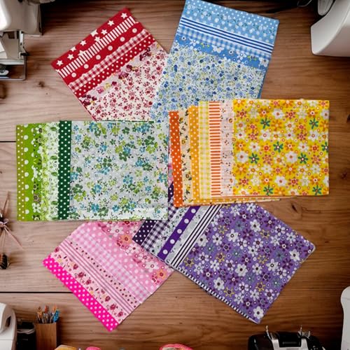 42PCS Quilting Cotton Fabric Squares, Floral Pattern 5x5 Inch Pre-Cut Bundle, 100% Woven Cotton, Multicolor Patchwork for DIY Sewing, Crafts