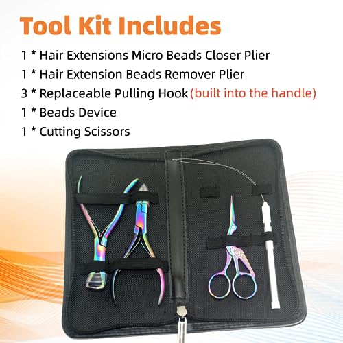 Hair Extension Beading Tool Kit Hair Extensions Micro Link Bead Closer and Remover Pliers and Cutting Scissors Set, Link Micro Ring Loop Needle Pulling Hook Threader Wire for Silicone Rings（Rainbow）