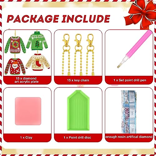 Estune 15 Pcs Christmas Diamond Painting Keychain Kits for Adults