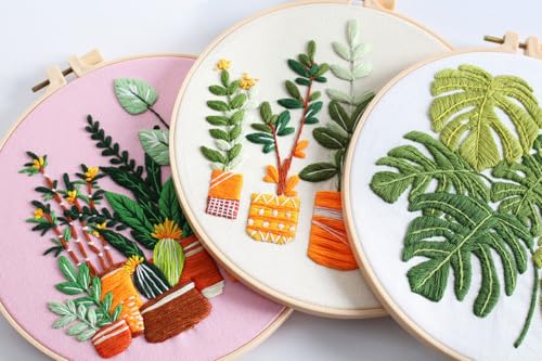 Konrisa Embroidery Kits for Adults Beginner, European Style Garden Plant Green Leaf Stamped Embroidery Starter Kit,DIY Sewing Practice, Needlepoint Cross Stitch Kit,Set of 3 - color: green plant