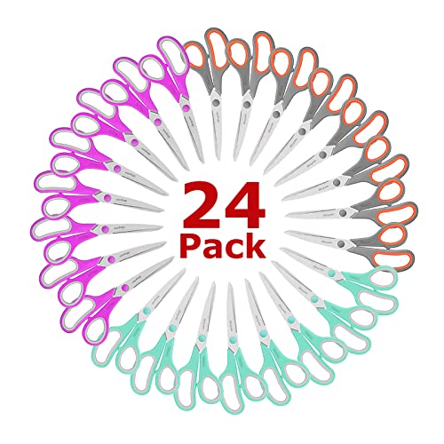 iBayam 24-Pack 8" Heavy Duty Scissors in Bulk, Ultra-Sharp, Comfort Grip - color: Mint, Grey, Purple, size: 24-Pack