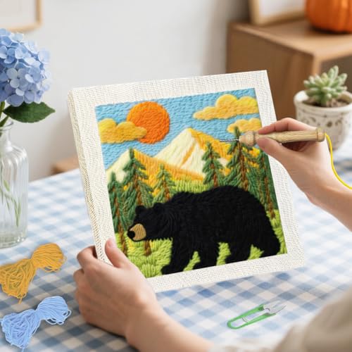 BEUNITONE Bear and Nature Style Punch Needle Kit for Beginners 9.4"x9.4" - color: 05-Bear Nature