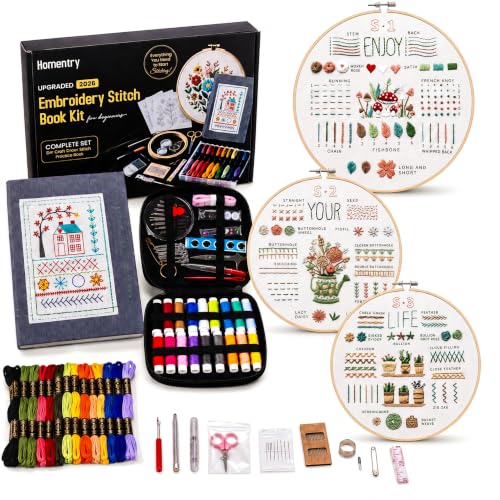 Homentry Embroidery Kit for Beginners | Gift Box with Full Set | Video Tutorial, 3pcs Hoops, 106 Patterns, 65 Water Soluble Designs, 86PCS Sewing Supplies | Starter Cross Stitch Book Kit