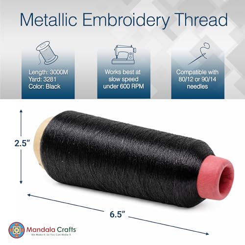 Mandala Crafts Metallic Black Embroidery Floss for Sewing, 3281 Yard Spool - color: Black, size: 3000M 3281 Yard