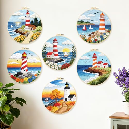 BEUNITONE 6 Set Beginner Embroidery Kit for Adults with Pre-Printed Washable Lighthouse Pattern, DIY Needlepoint Craft Kits for Cloth with Embroidery Hoop and Instruction, Funny Gifts for Home Decor - style: Lighthouse