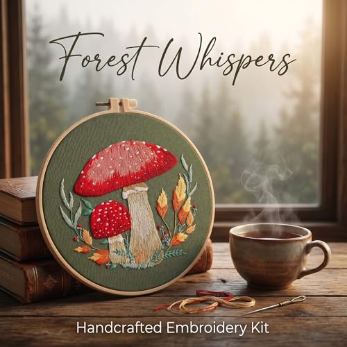 Harimau Adult Beginner Embroidery Starter Kit, Complete Set with 4 Patterns, 2 Hoops, Needles, Scissors, Instruction Guide & Stitching Video Tutorials - color: Mushroom1 pattern