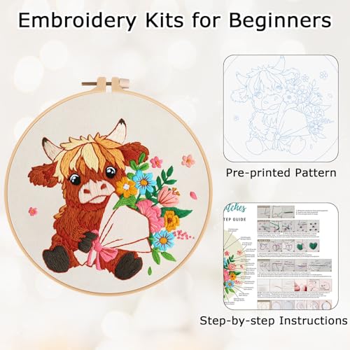 Nuberlic Highland Cow Embroidery Kit for Beginners - color: COW