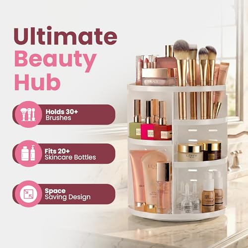 Masirs 360 Rotating Makeup Organizer Countertop, Adjustable Shelf, White - color: White