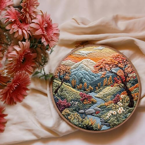 FONNUY Embroidery Kit for Beginners, Boho Nature Landscape Pre-Stamped Pattern Kits for Adults with Hoop, Easy to Follow Color Thread Needlework, 8'' Hoop (Mountain Stream) - color: Mountain Stream