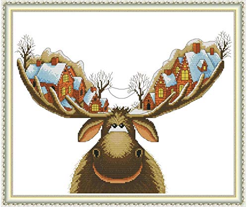 Cross Stitch Stamped Kits 11CT 21X18 inch Holiday Gift Pre-Printed Cross-Stitching Starter Patterns for Beginner Adults, Embroidery Needlepoint Kits Christmas Deer - color: Christmas Deer 21x18 inch