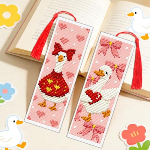 ACRNIGHEET 6PCS Cross Stitch Bookmark Kit for Beginner Cute Goose Stamped Cross Stitch Kits Needlepoint Kit for Adults DIY Tassel Embroidery Bookmark Kits with Instructions Craft Gift 8.5"x3" 11CT - style: Cute Goose Patterns