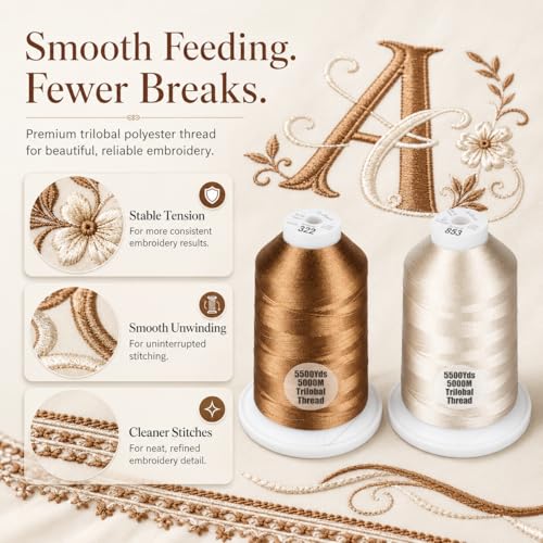 Simthread 2Pk 5500Y 40WT Polyester Embroidery Thread Brown323 Beige843 - color: Natural Duo(LightBrown+Beige)