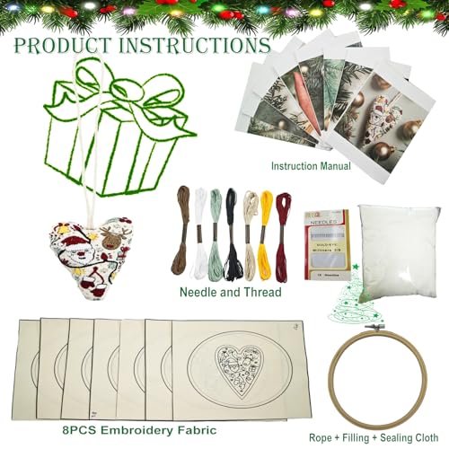 DIY Heart Shaped Hand Embroidered Christmas Ornament Kit Complete Craft Set with Pre-Printed Fabric Embroidery Thread Holiday Cross Stitch Decor for Beginners Adults and Home Decor (Finished product)
