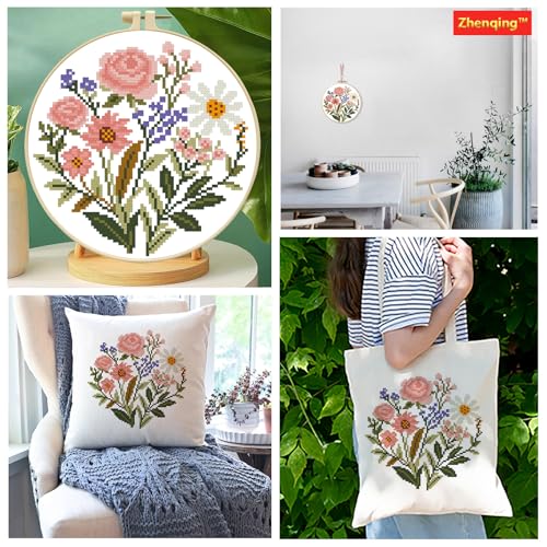 Zhenqing Pink Floral Bouquet Cross Stitch Kit for Beginners - 11CT 24x24cm Pre-Printed Pattern with Embroidery Hoop, Threads & Tools(70517) - color: Pink Floral Bouquet