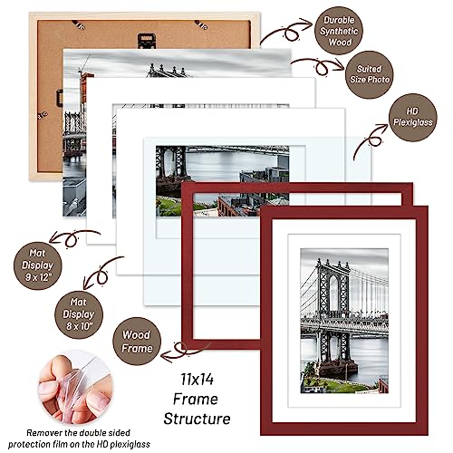 11x14 Picture Frames Solid Wood Display Pictures 9x12 or 8x10 with Mat or 11x14 Frame without Mat Poster Photo Frame Art with 2 Mats for Wall Mounting or Table Top(Red) - color: Red, size: 11x14 inch