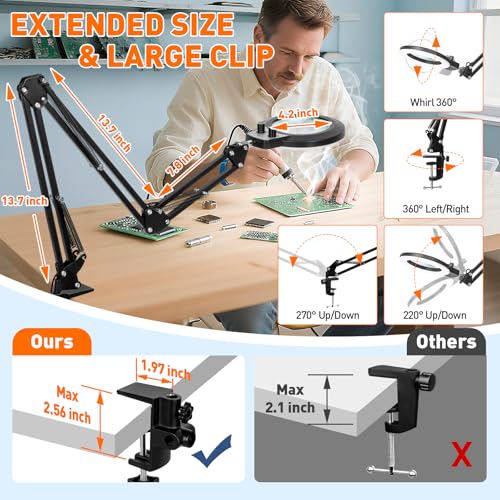 KIRKAS 12X Magnifying Glass with Light and Stand, Extra-Long Arm Knob - size: 12X 35 INCH Clamp