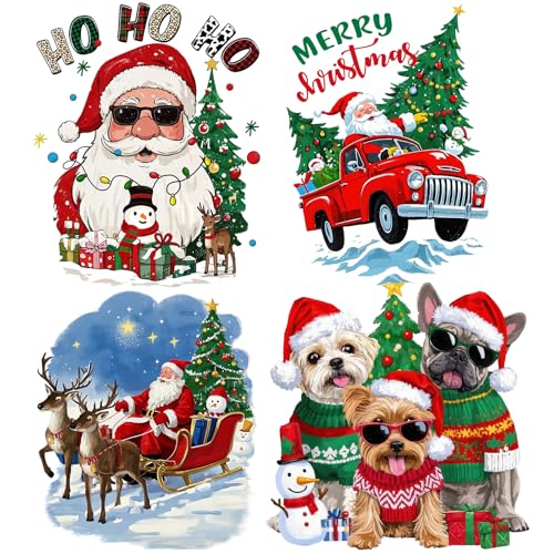 Christmas Iron on Transfer Vinyl Decals Xmas Heat Transfers Sticker Patches with Santa Reindeer Dogs Christmas Tree Patterns for Clothing Bags Pillows Decorations 4 Large Sheets - color: Christmas Iron on Transfers