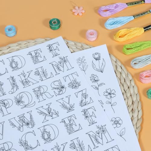 Patemby Embroidery Pattern Water Soluble Embroidery Stabilizers, Stick and Stitch Embroidery Paper Wash Away with Pre-Printed Pattern Designs Stencils Transfers for Hand Sewing Lover Beginner - color: Lette