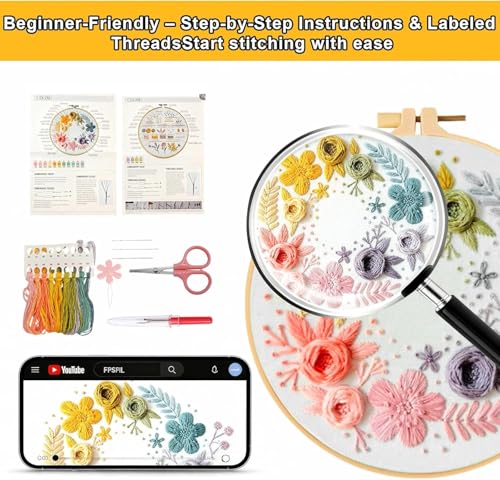 AZY 3-Piece Embroidery Kit for Beginners – Needlepoint Set with Pre-Printed Floral Patterns, Adjustable Hoop, Thread, Needles & Instructions for Cross Stitch Lovers (Floral Embroidery) - style: Floral Embroidery