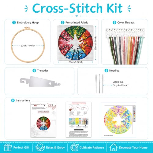 Stamped Cross Stitch Kits for Beginners Adults-Tree,with Embroidery Hoop - color: Tree-2605