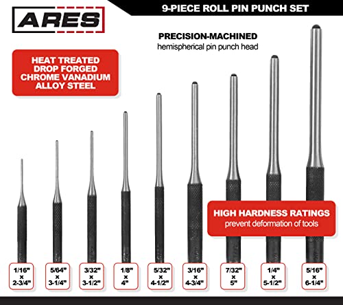 ARES 10021 – 9-Piece Roll Pin Punch Set – Durable Heat Treated and Drop Forged Steel Pin Punches with Pouch -Ideal for Automotive Repair, Gunsmithing, Craft Work, and Jewelry Repair - size: 9-Piece Roll Pin Punch Set