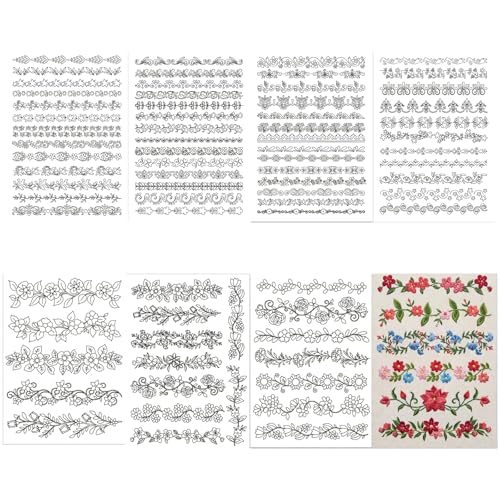 ZJO Flower Vine Embroidery Pattern Stabilizer, 8 Sheets Stick and Stitch Embroidery Paper Patterns, Wash Away Embroidery Stickers for Beginners, 8.3 x 11.7 Inches