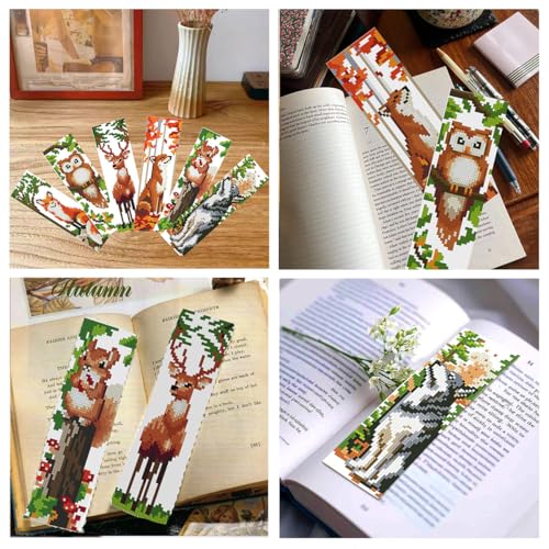 Zhenqing Woodland Animal Stamped Cross Stitch Bookmark Kit, 6 Fox, Squirrel, Owl, Deer and Wolf Designs on 11CT Printed Fabric for Adults and Beginners, DIY Reading Gift for Book and Nature Lovers - color: Animal-Themed Bookmarks