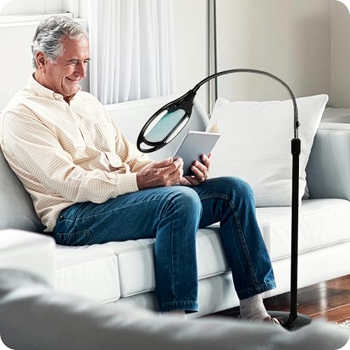 Brightech LightView Pro Magnifying Floor Lamp - Hands Free Magnifier with Bright LED Light for Reading - Work Light with Flexible Gooseneck - Standing Mag Lamp - color: Black, size: 5 Diopter (2.25x)