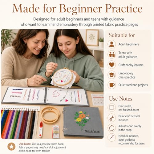 Homoyoyo Embroidery Stitch Book Kit for Adult Beginners, Learn 38 Stitches with 13 Large Loose Leaf Fabric Practice Pages, 2 Hoops, 24 Color Threads, Needles, Scissors and Instruction Manual