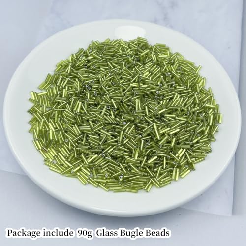 90g Glass Bugle Beads 7x2mm Embroidery Tube Glass Spacer Bulk Small Craft Long Beads for Necklaces Bracelets Earrings DIY Jewelry Making(Olive Green) - color: Olive Green
