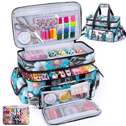 AMOIGEE Large 15" Double-Layer Sewing Organizer Bag w/Detachable Dividers - color: Jasmine Blue