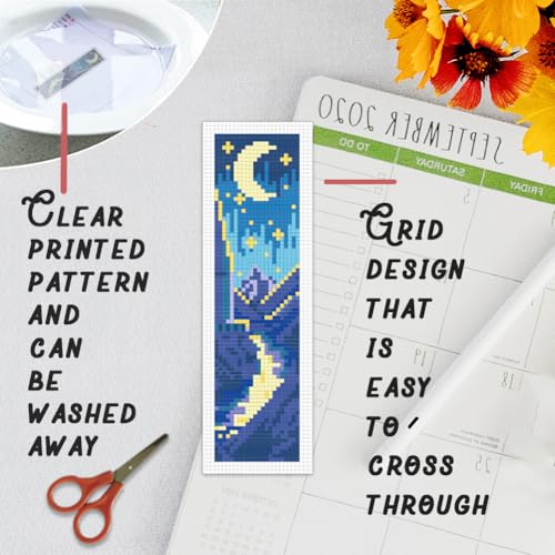 BEUNITONE 6 Pcs Cross Stitch Bookmark Kits for Adult Beginners Starry Sky Pattern DIY Stamped Embroidery Bookmark Kit with Instructions Cross Stitch Kits for Book Lovers Reader Writers Gift 2.4"x8" - style: Starlit Sky