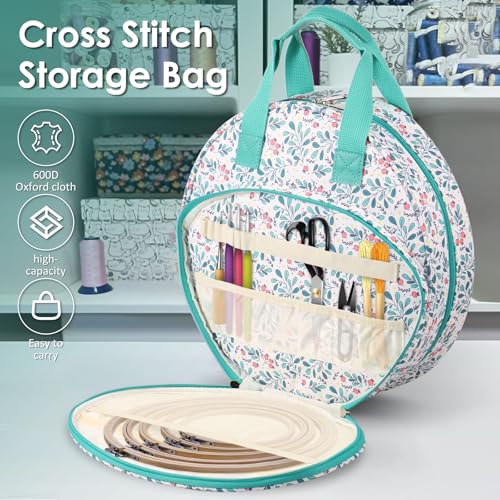 Embroidery Project Bag, Embroidery Supplies Storage Carrying Tote Case with Multiple Pockets and Handle, Cross Stitch Bag, Double Layer Embroiderys Project Bags for Floss Hoops Thread (Lake Blove) - color: Lake Blove