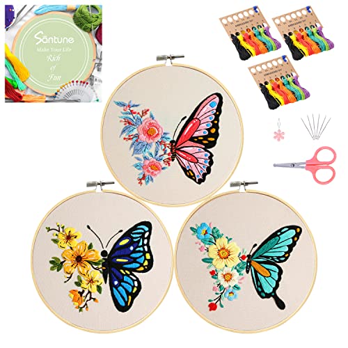 Santune 3 Pack Embroidery Kit for Beginners Adults Cross Stitch Kits with Butterfly Patterns and Instructions,DIY Hand Crafts with 1 Hoop,Threads and 6 Needles - color: Butterfly Series