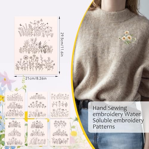 Water Soluble Embroidery Patterns Paper, 6 Sheets Stick and Stitch Embroidery Papers Wash Away, Flower Daisy Patterns, Pre - Printed for Customized Gift for Hand Sewing Lover Beginners