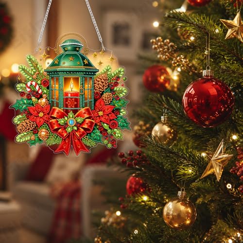 Eiflow Acrylic Christmas Diamond Art Hanging Kit for Adults Lantern, DIY Diamonds Painting Door Hanger Ornament Kit Wreath Crystal Diamond Art Painting Wall Window Hanging Pendant - color: Lantern