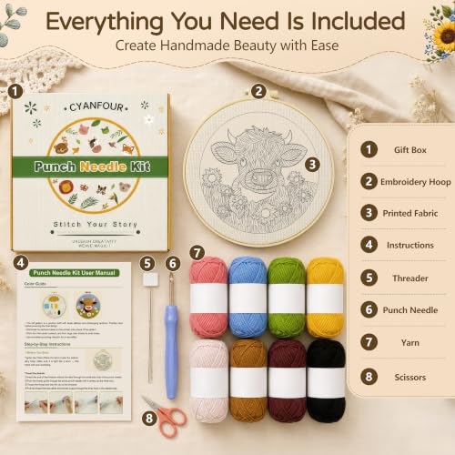 CYANFOUR Punch Needle Kit for Beginners, Highland Cow Punch Needle Kits - color: colored