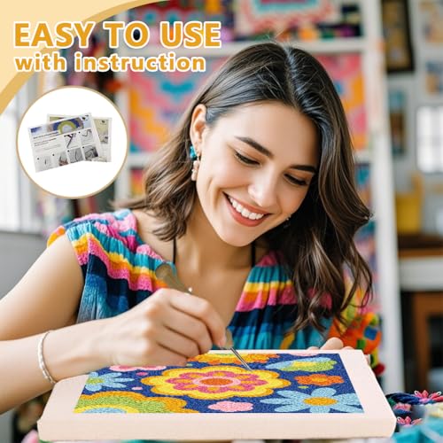 DOODLREAM Colorful Flowers Punch Needle Kit for Beginner 9.4" x 9.4" - color: Flowers